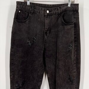 Vintage Men's Black Straight Jeans with Lightning Design